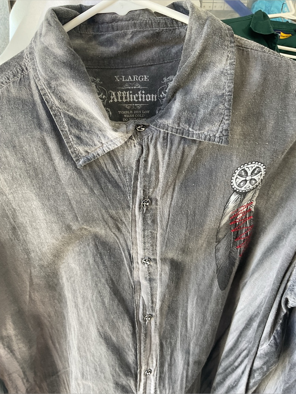 Affliction Gray Washed Button-Up Shirt Jacket with Embroidered Feather